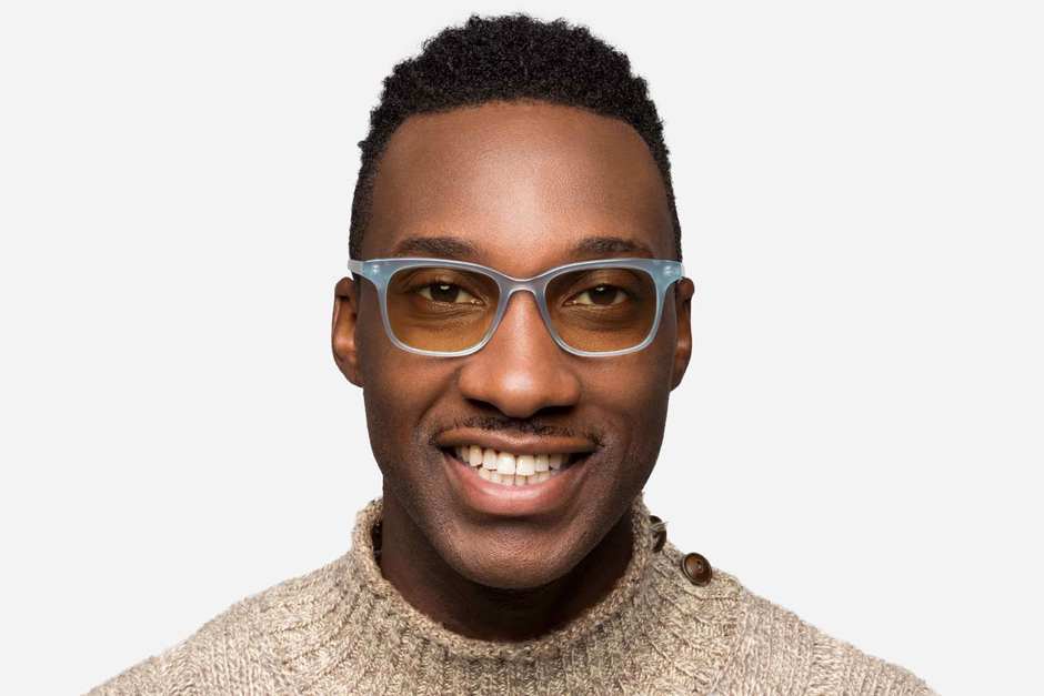 Hopper sleepglasses in seneca mist on male model viewed from front
