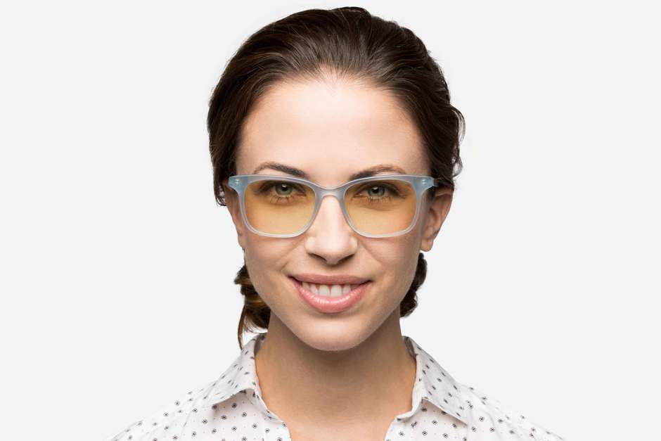 Hopper sleepglasses in seneca mist on female model viewed from front