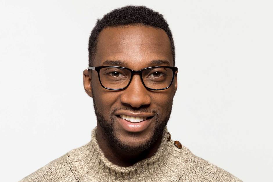 Faraday LBF eyeglasses in black on male model viewed from front