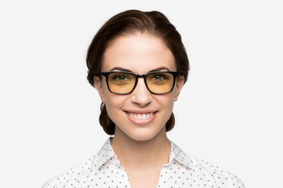 Nash LBF sleepglasses in black on female model viewed from front