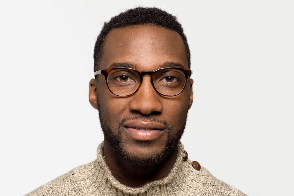 Roebling LBF eyeglasses in sazerac crystal on male model viewed from front