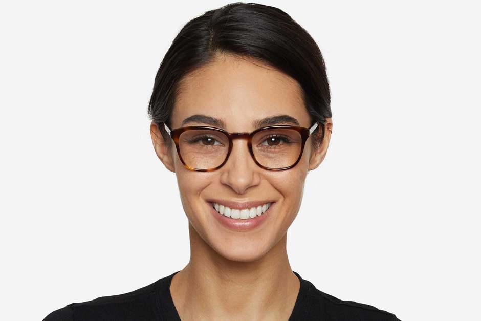 Tole eyeglasses in sazerac on female model viewed from front