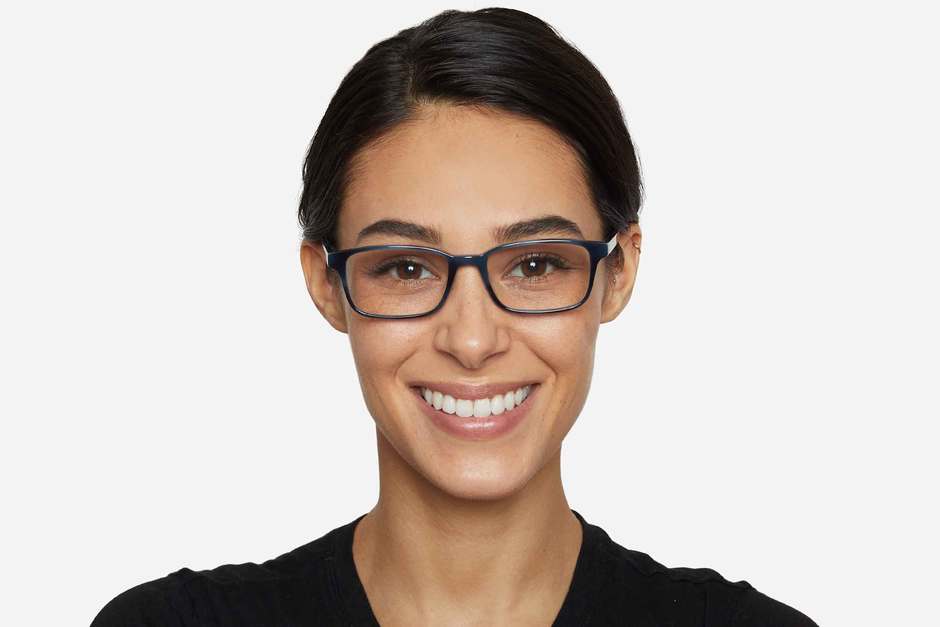 Carver eyeglasses in midnight surf on female model viewed from front
