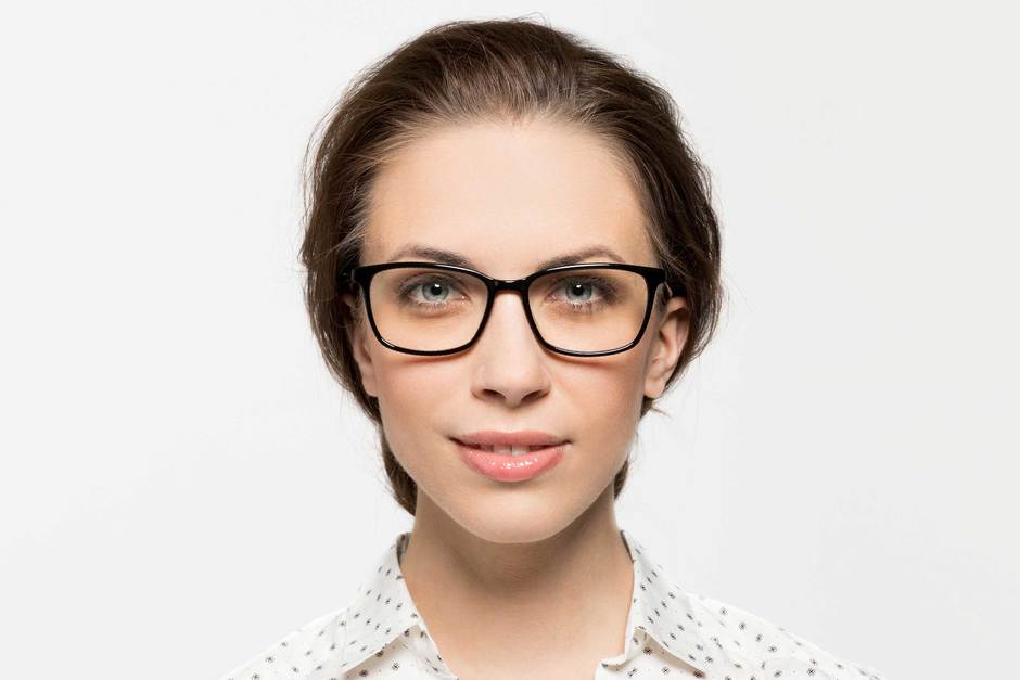 Faraday eyeglasses in black on female model viewed from front