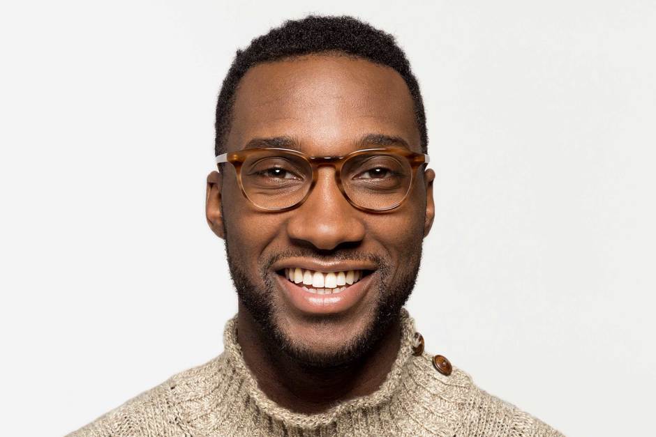 Roebling eyeglasses in amber toffee on male model viewed from front