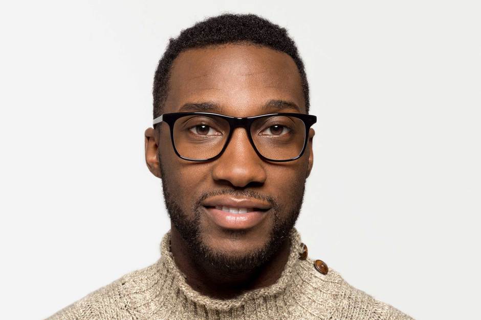 Jemison eyeglasses in black on male model viewed from front
