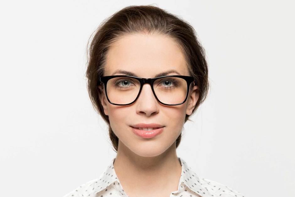Jemison eyeglasses in black on female model viewed from front