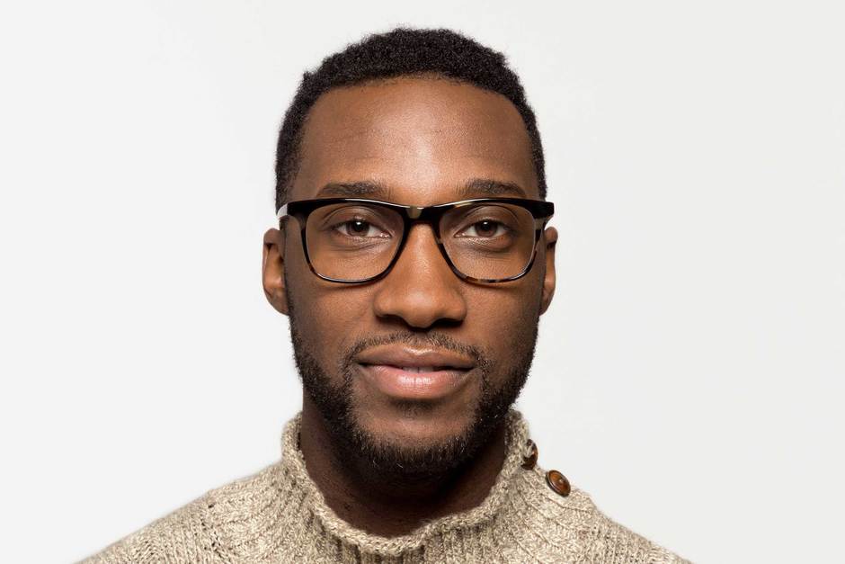 Jemison eyeglasses in whiskey tortoise on male model viewed from front
