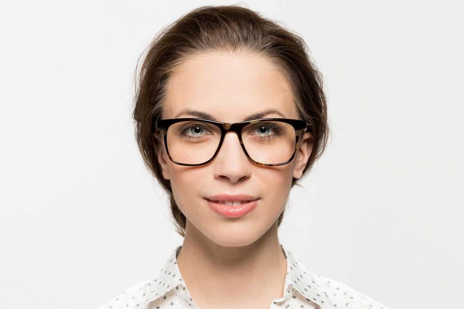 Jemison eyeglasses in whiskey tortoise on female model viewed from front