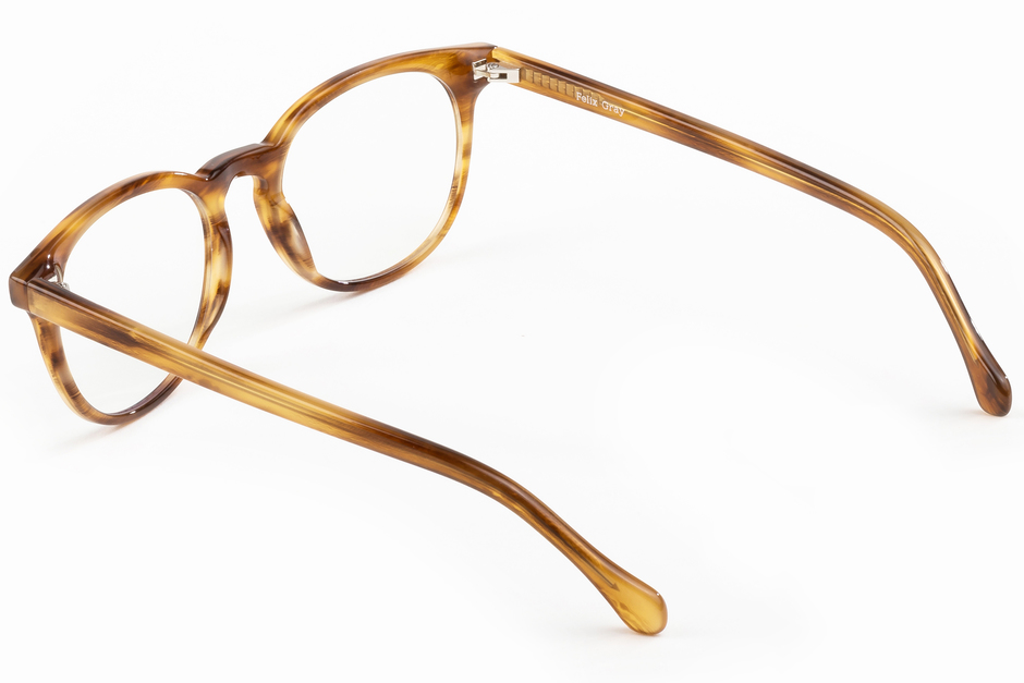 Roebling eyeglasses in amber toffee viewed from angle