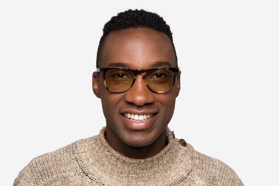 Jemison sleepglasses in whiskey tortoise on male model viewed from front