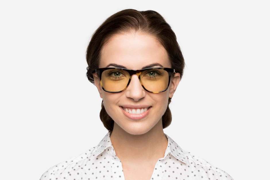 Jemison sleepglasses in whiskey tortoise on female model viewed from front