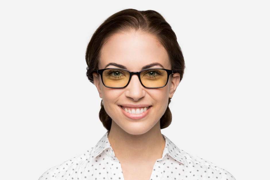 Carver sleepglasses in black on female model viewed from front